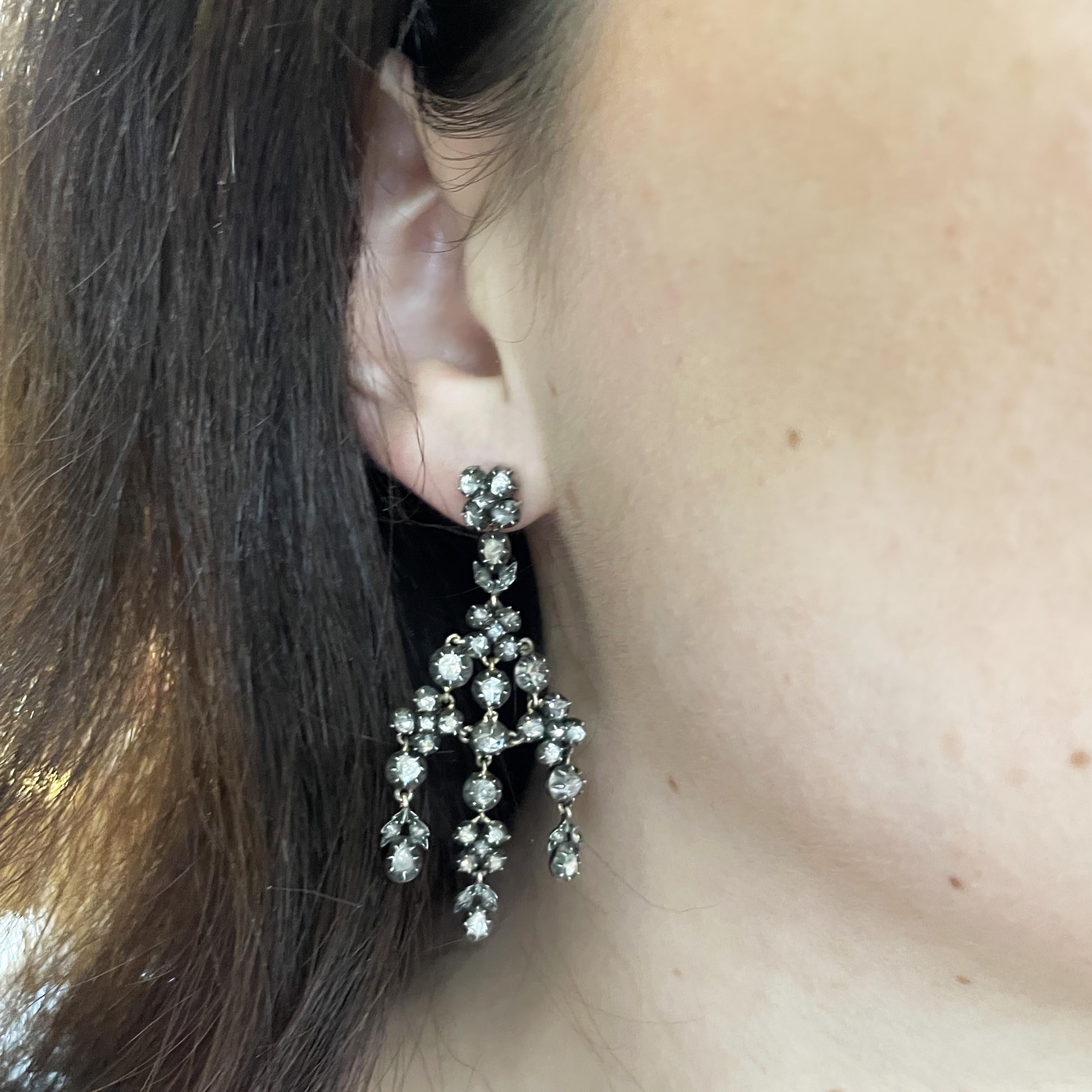 Boucles d'oreilles Girandole en argent et or, diamant taillé en rose Pour femmes en vente
