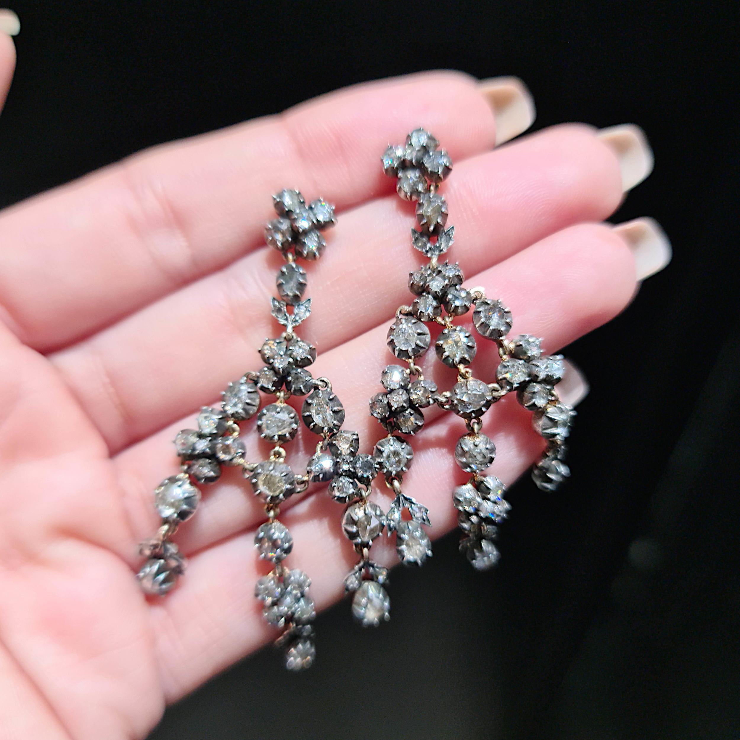 Boucles d'oreilles Girandole en argent et or, diamant taillé en rose en vente 2
