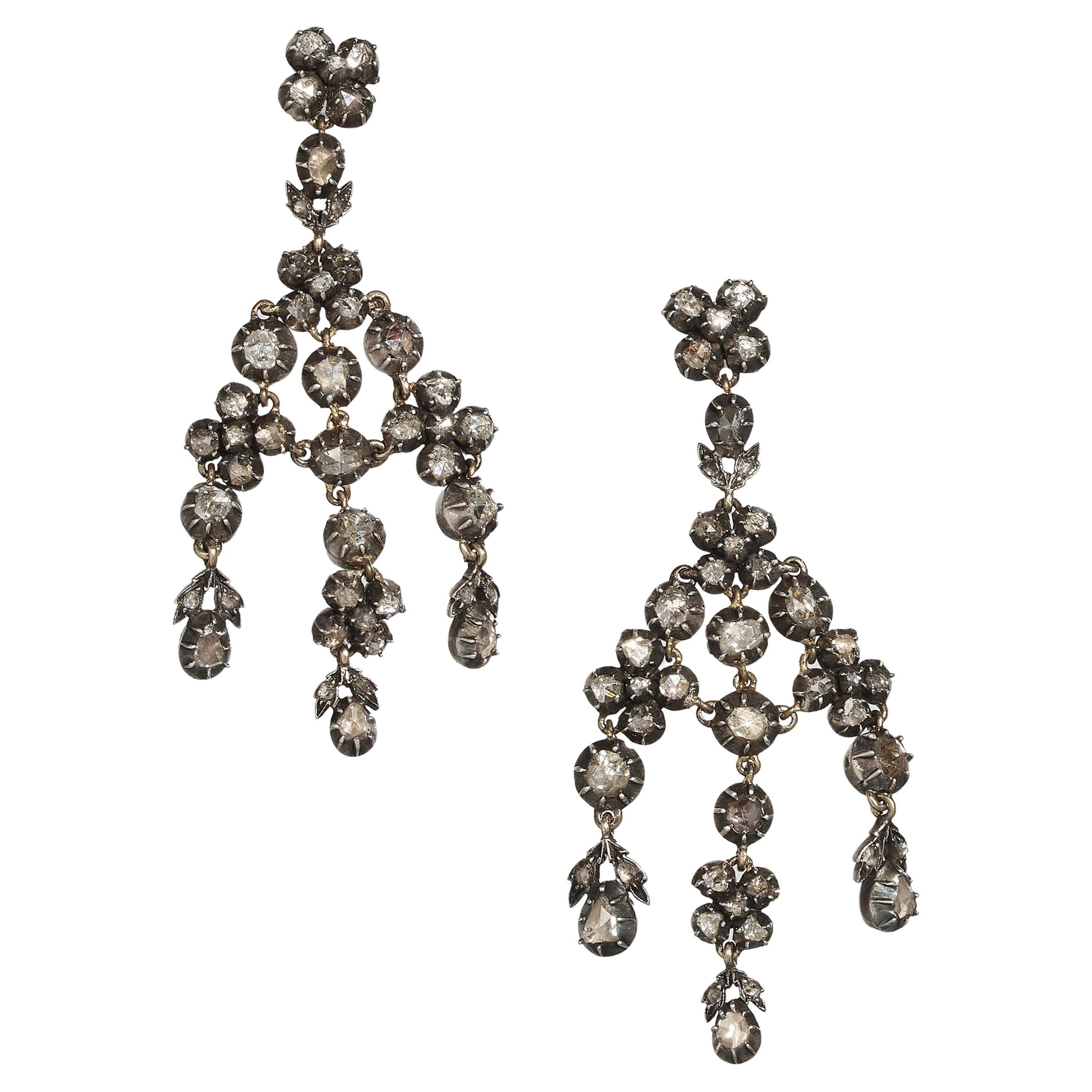 Rose Cut Diamond and Silver Upon Gold Girandole Earrings For Sale