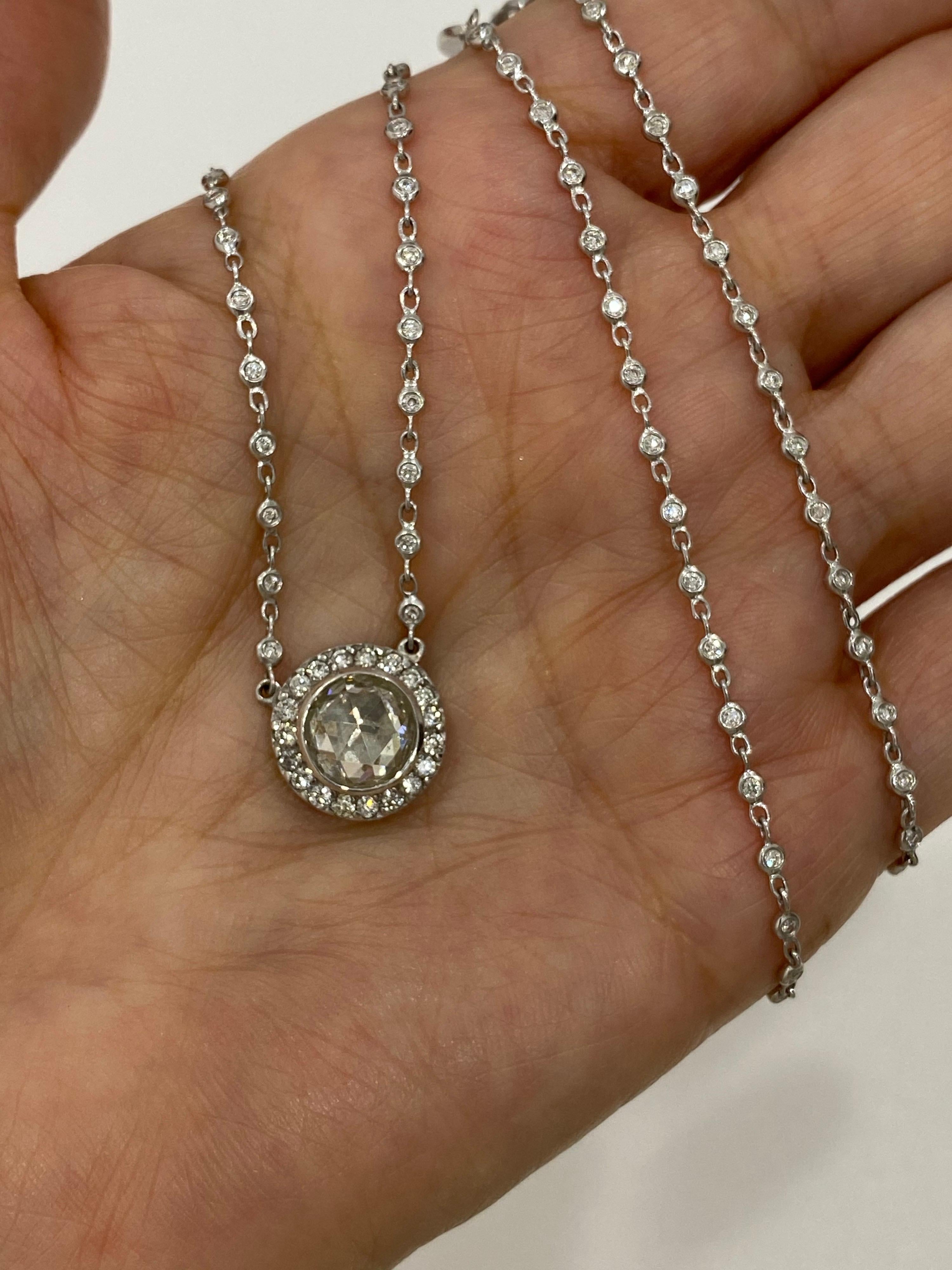 Contemporary Rose Cut Diamond Antique Style Custom Halo All Diamond Pendant Necklace For Sale