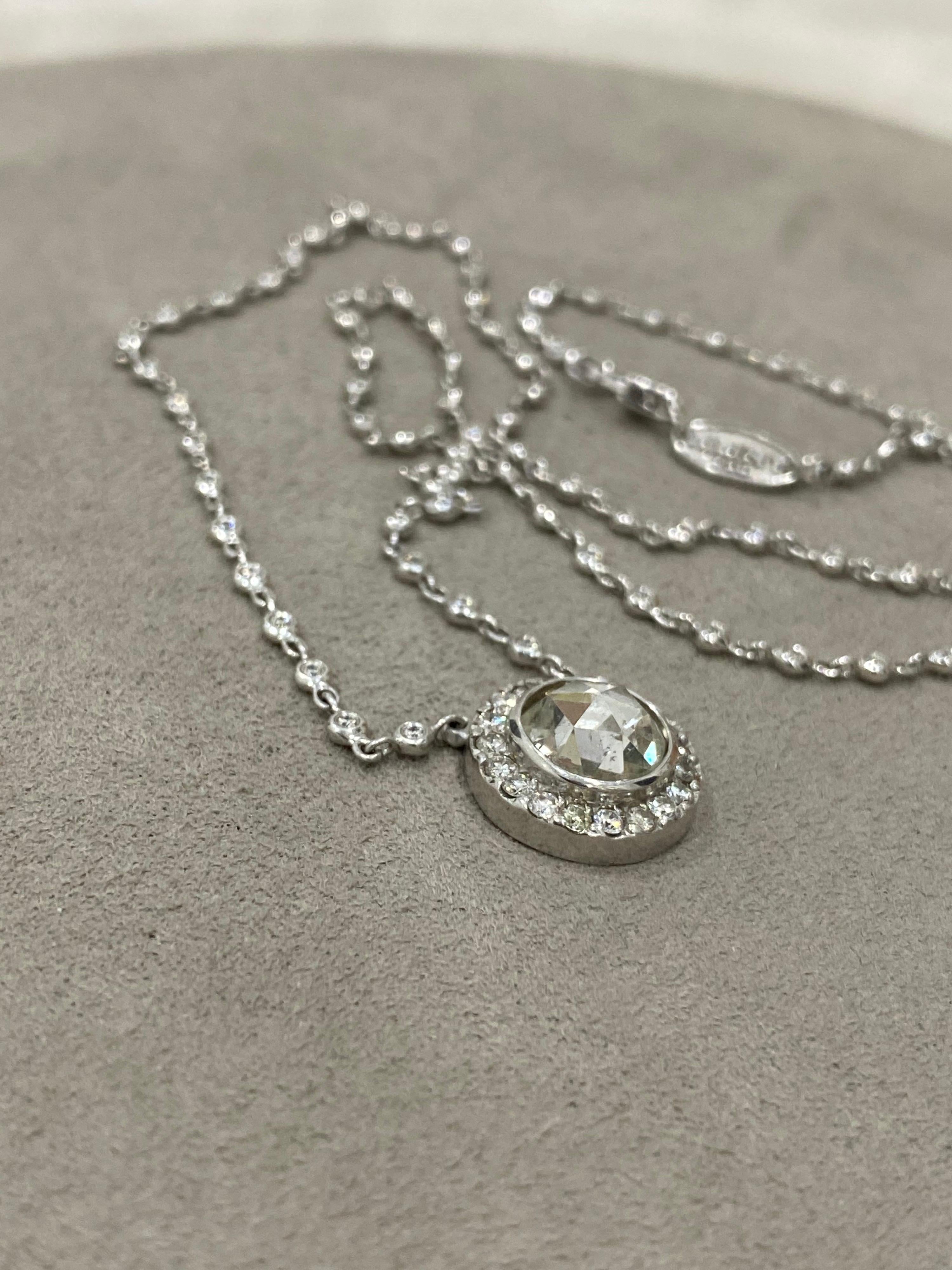 Rose Cut Diamond Antique Style Custom Halo All Diamond Pendant Necklace In Excellent Condition For Sale In New York, NY