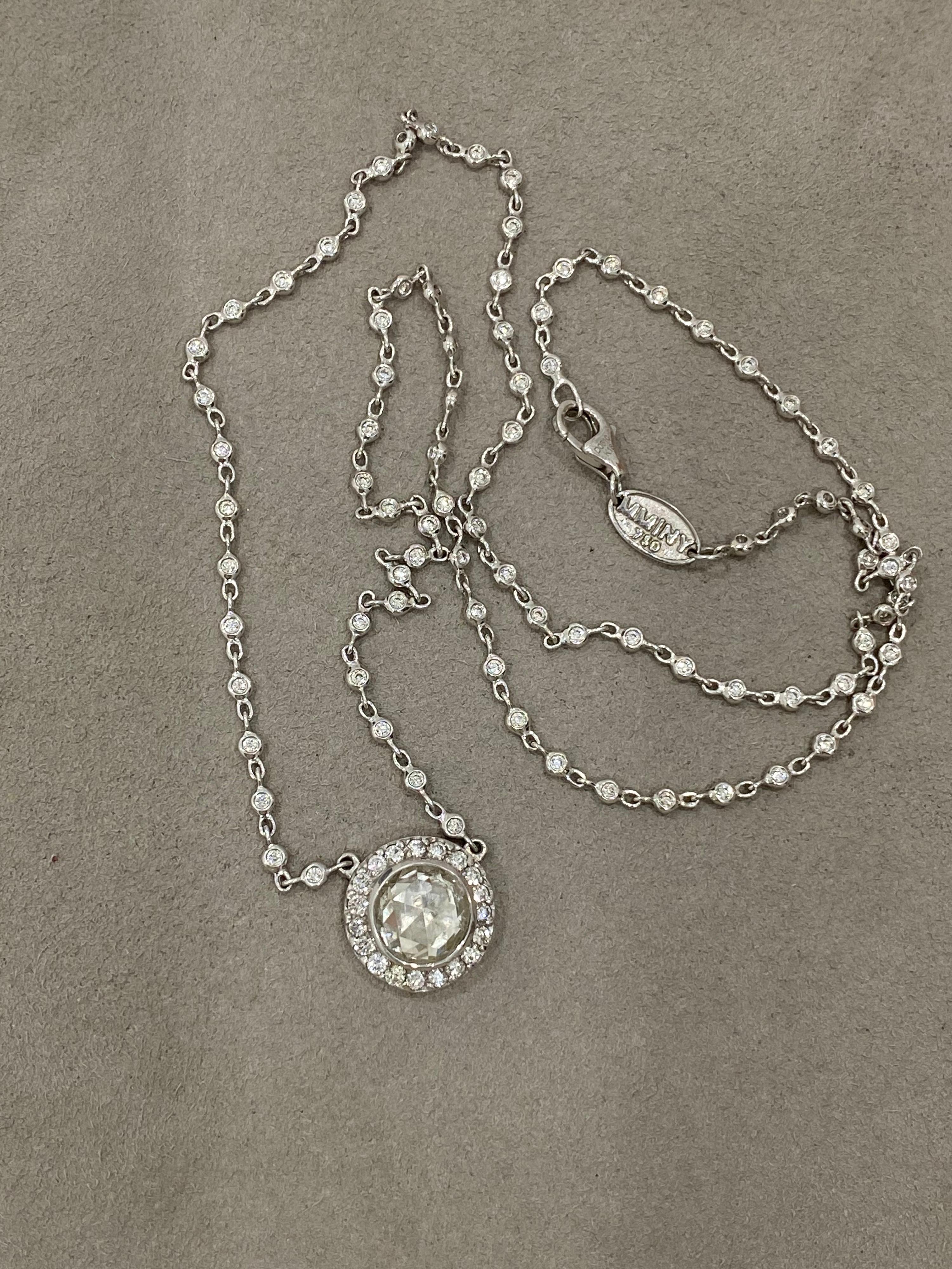Women's or Men's Rose Cut Diamond Antique Style Custom Halo All Diamond Pendant Necklace For Sale
