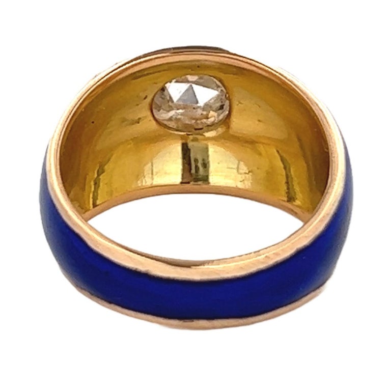 Rose Cut Diamond Blue Enamel 18k Yellow Gold Ring For Sale at 1stDibs