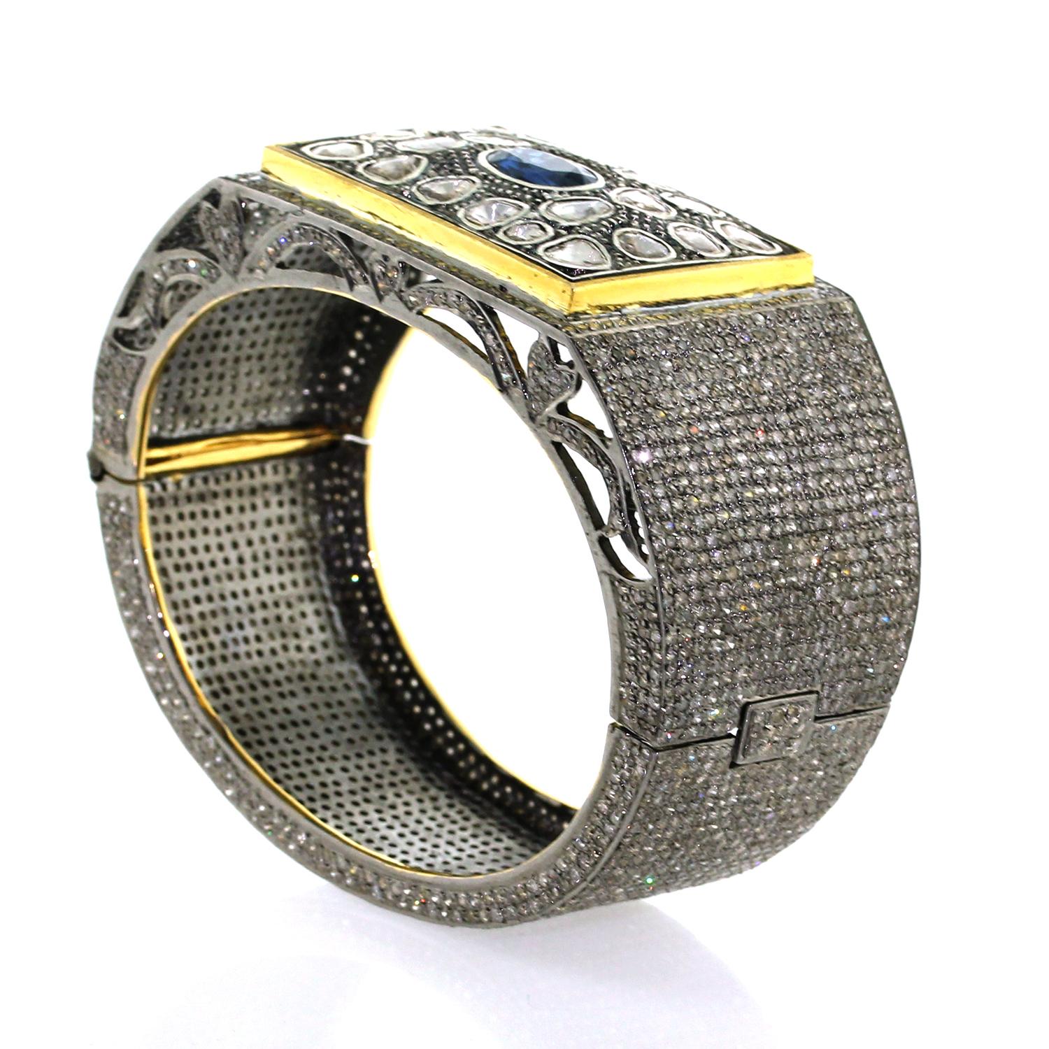 Artisan Rose Cut Diamond & Blue Sapphire Cuff Made In 18k yellow Gold For Sale