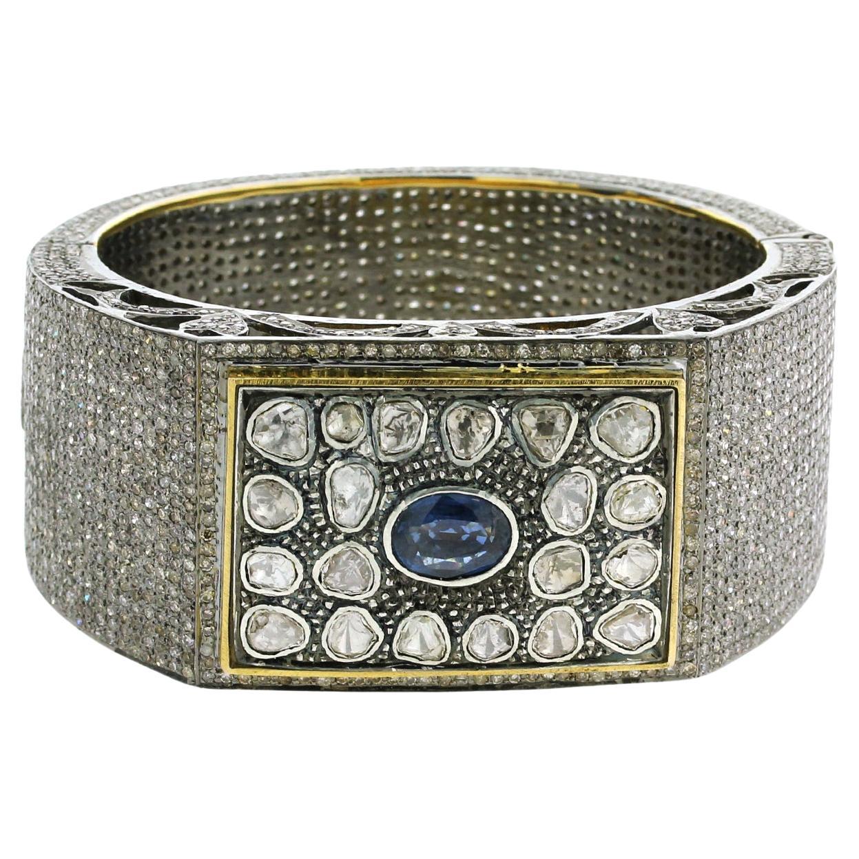 Rose Cut Diamond & Blue Sapphire Cuff Made In 18k yellow Gold For Sale