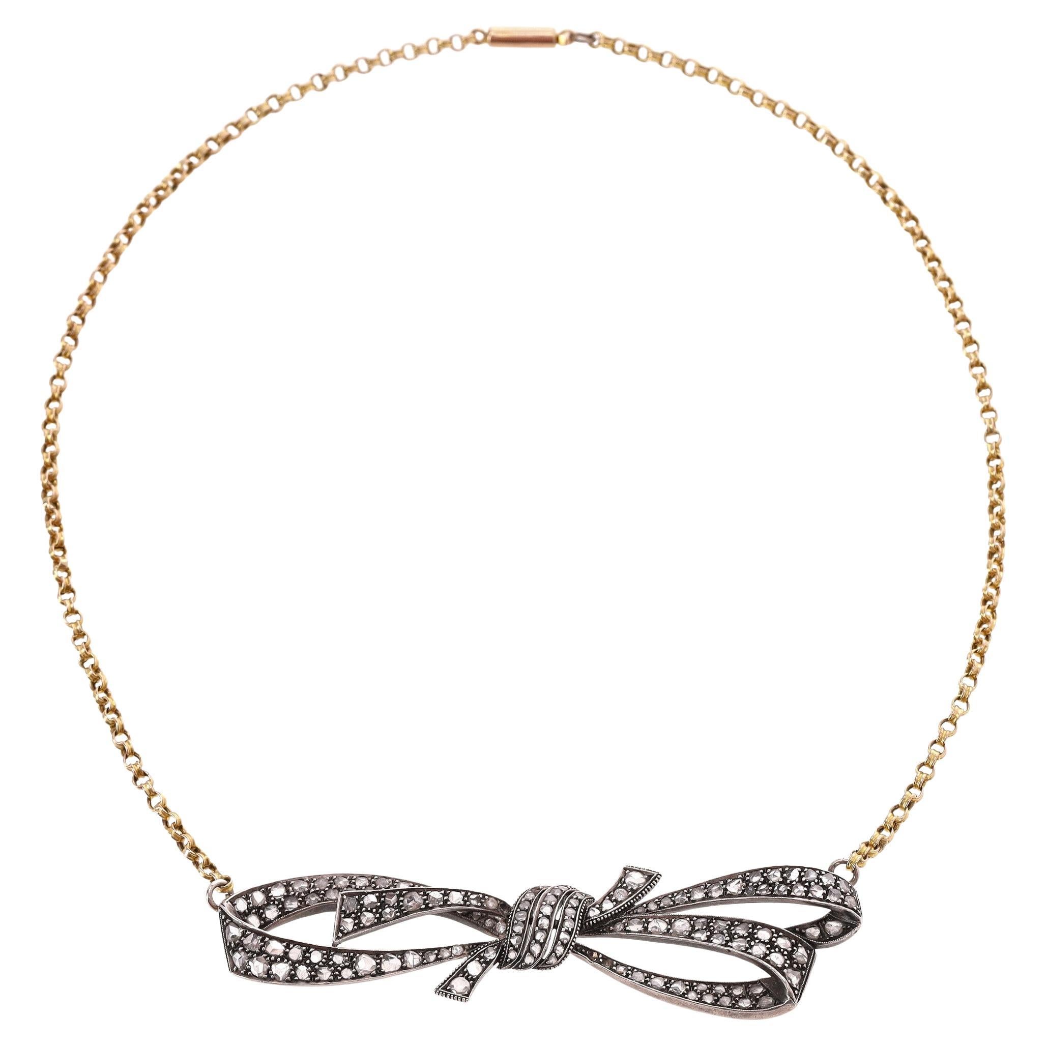 Rose Cut Diamond Bow Necklace Georgian Vintage In 15ct Gold