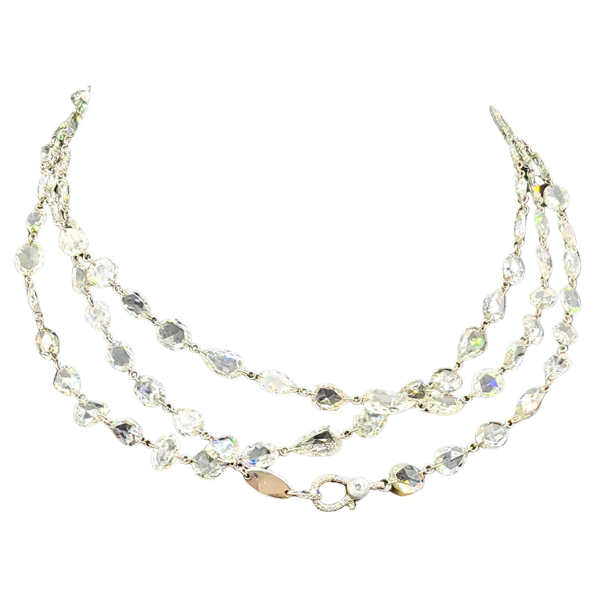 45.39ct Rose Cut Diamond Rope Chain Necklace in 18K White Gold