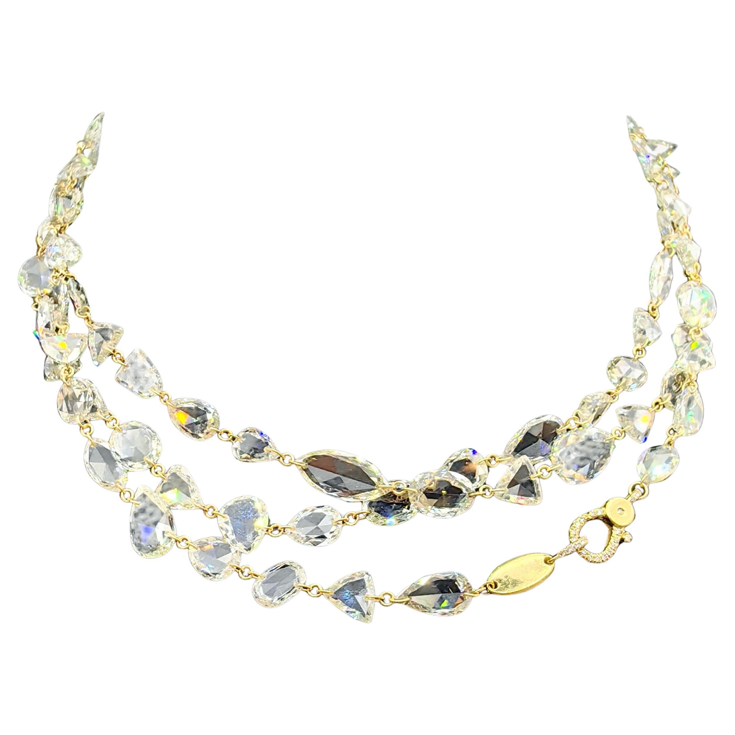 50.46ct Rose Cut Diamond Opera Chain Necklace in 18K Yellow Gold
