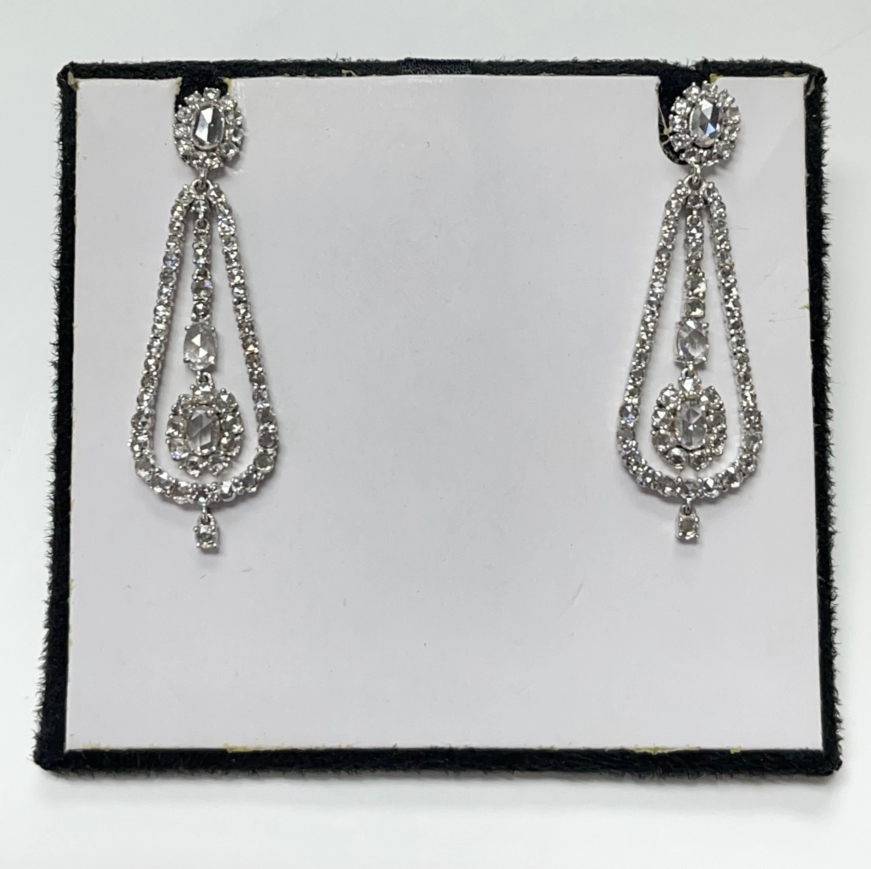 Rose Cut Diamond Chandelier Earrings In 18K White Gold.  For Sale 5