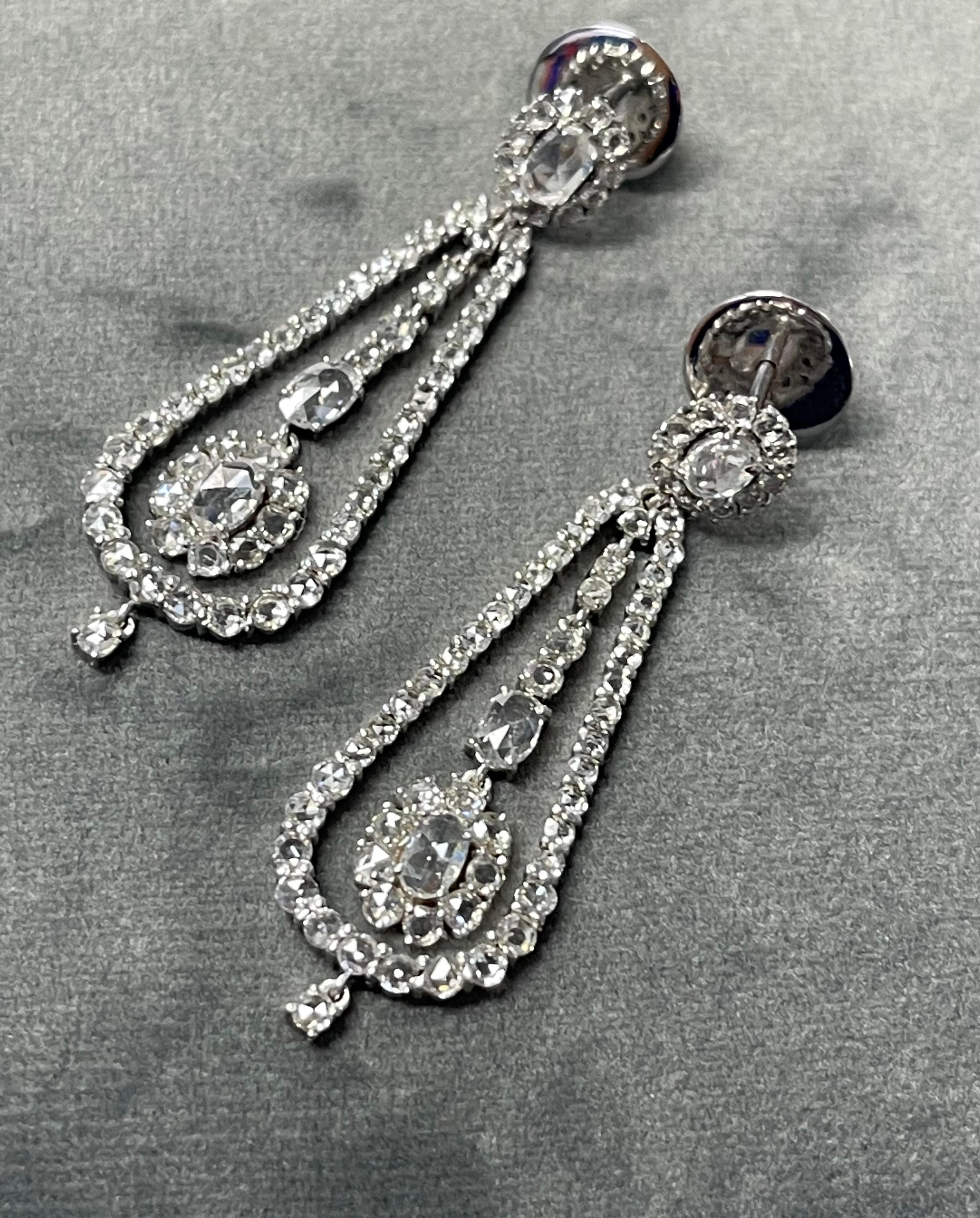 Rose Cut Diamond Chandelier Earrings In 18K White Gold.  For Sale 8