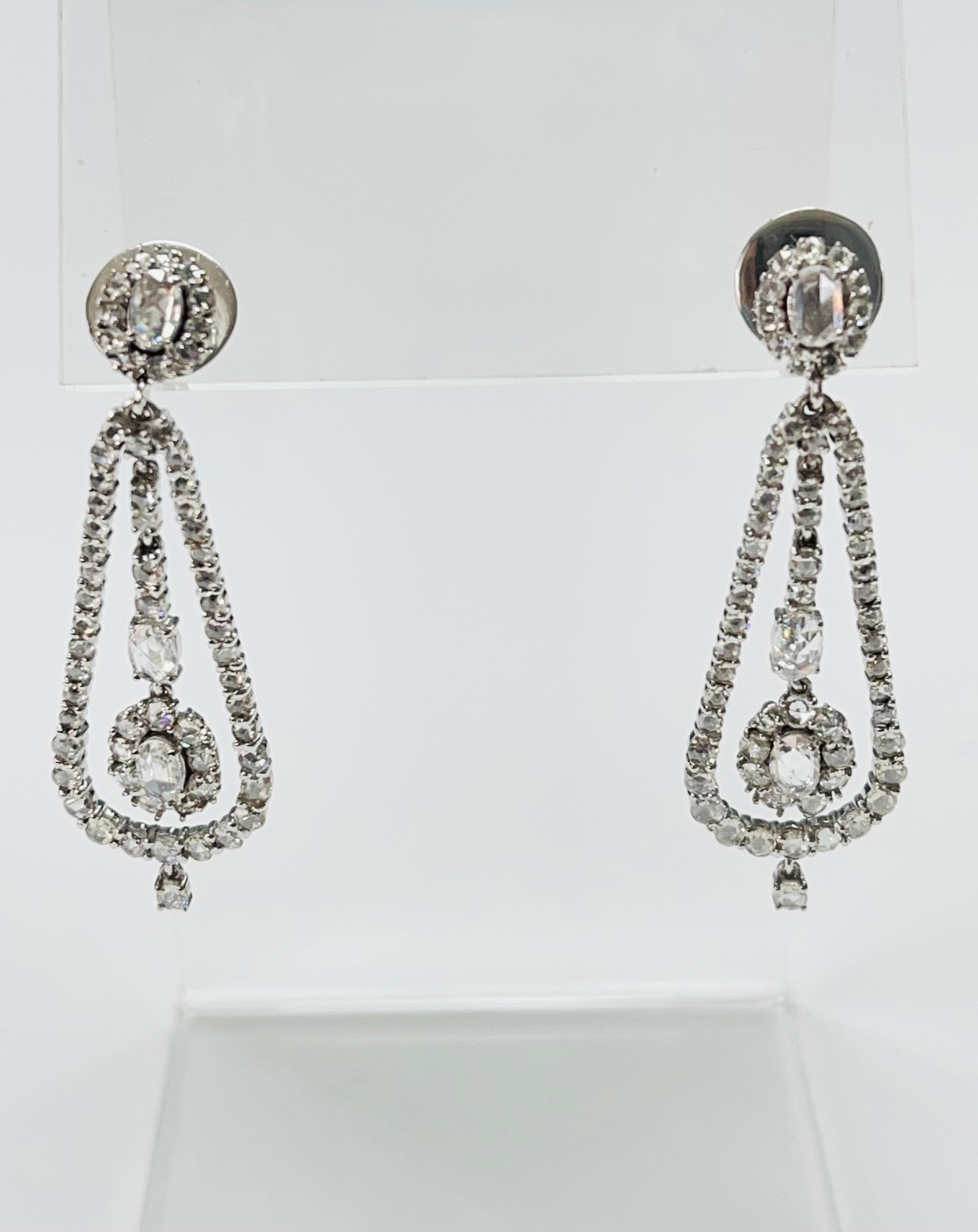 Women's Rose Cut Diamond Chandelier Earrings In 18K White Gold.  For Sale