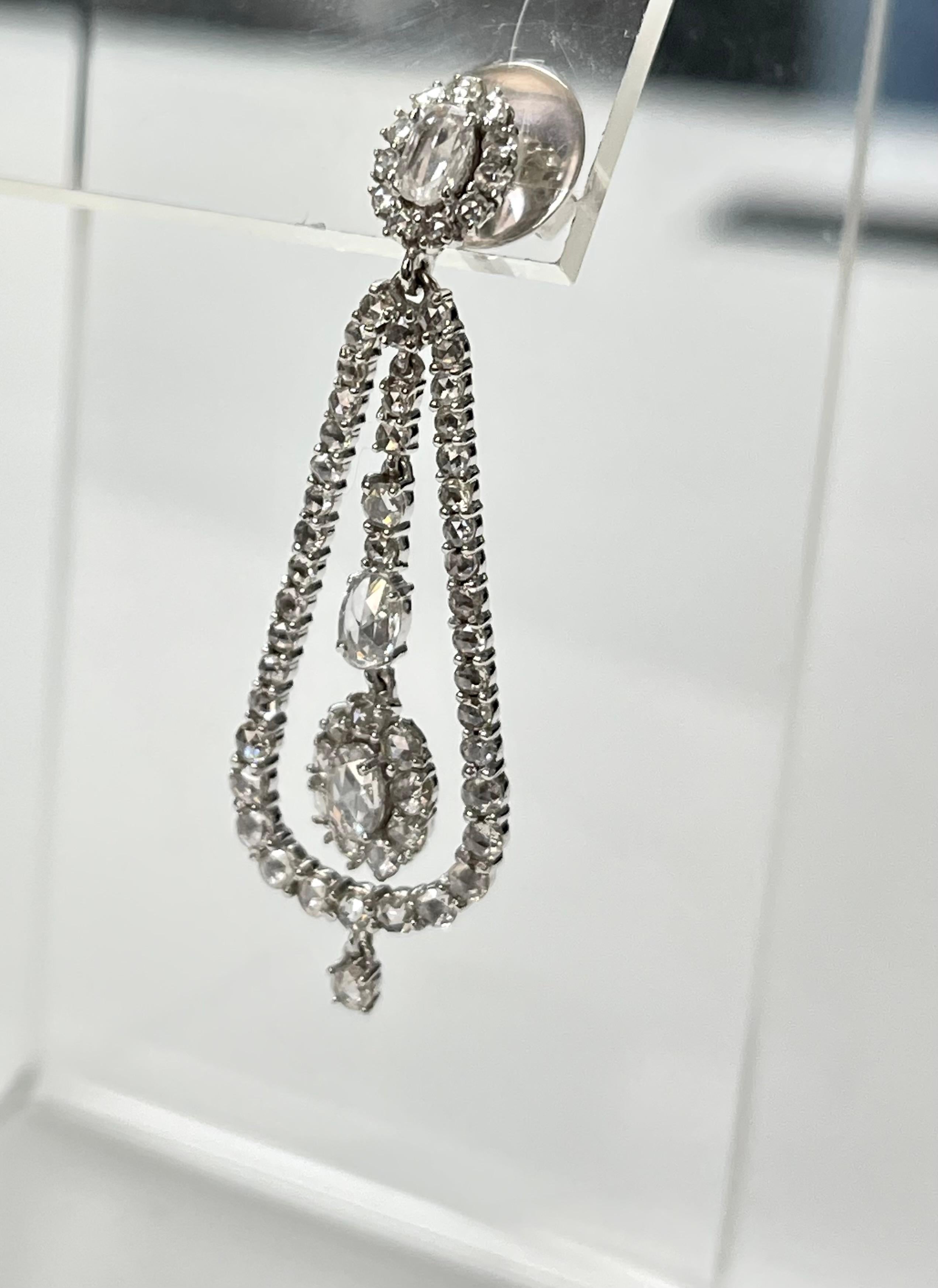 Rose Cut Diamond Chandelier Earrings In 18K White Gold.  For Sale 1