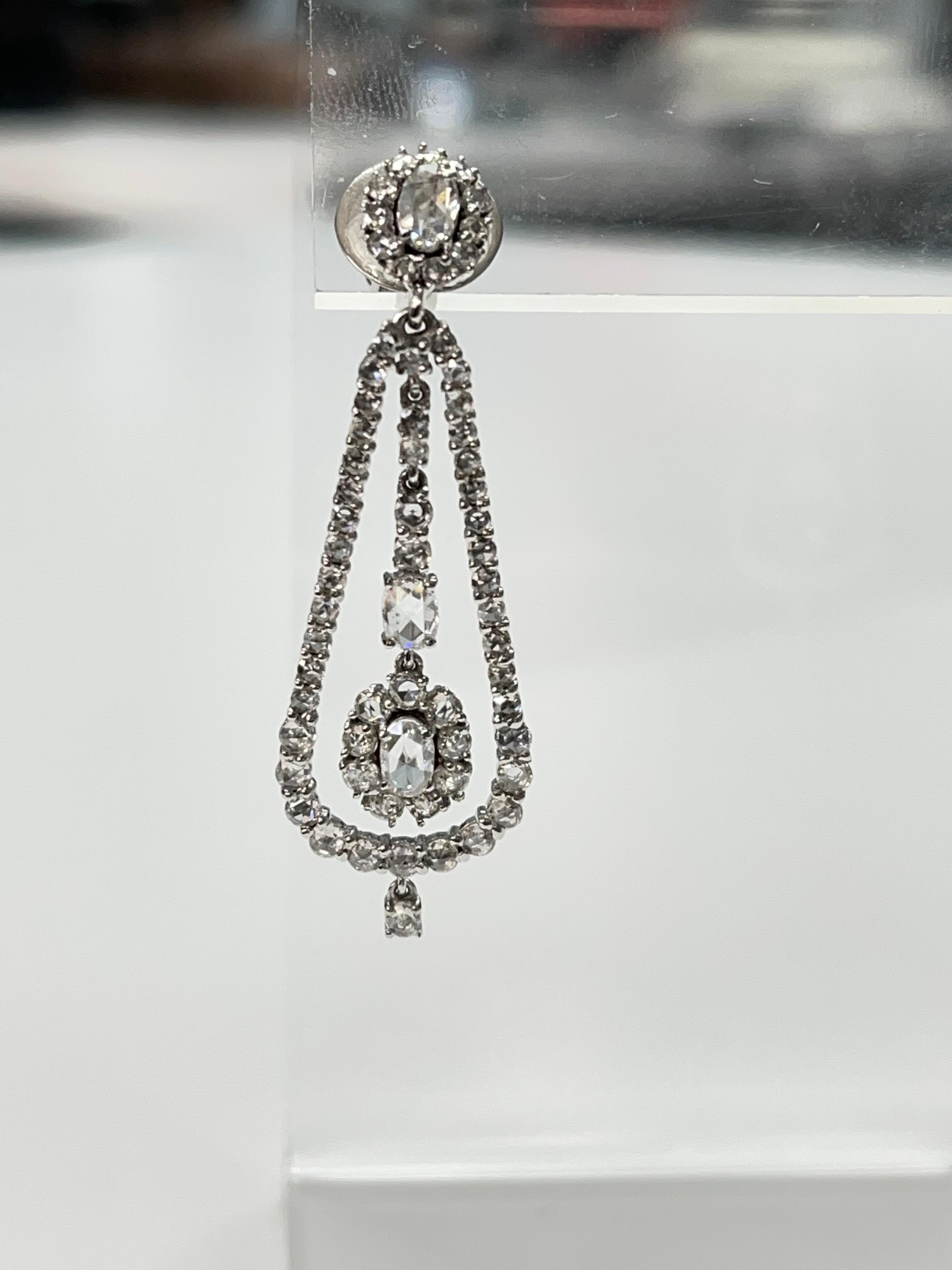 Rose Cut Diamond Chandelier Earrings In 18K White Gold.  For Sale 3