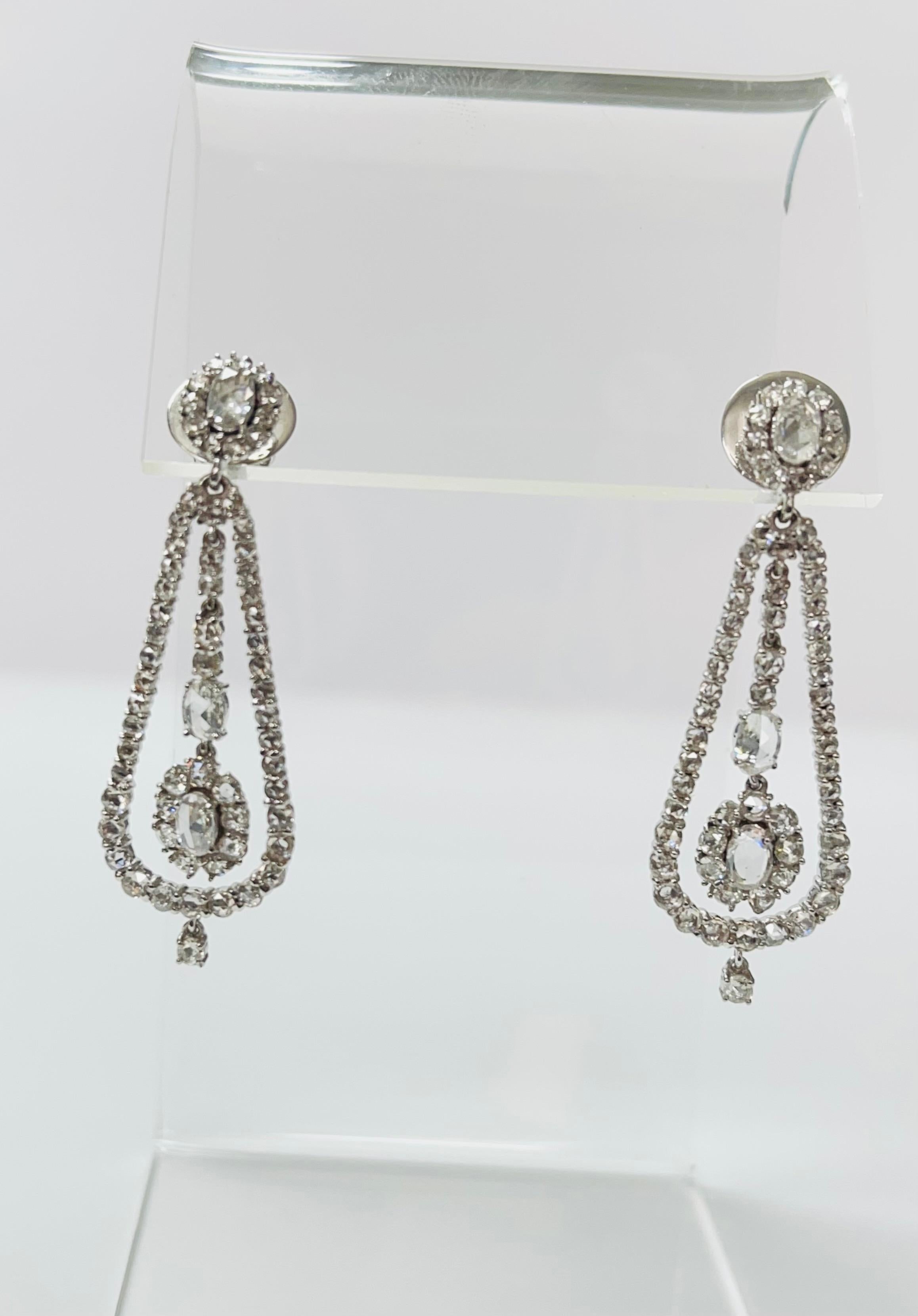 Rose Cut Diamond Chandelier Earrings In 18K White Gold.  For Sale 2