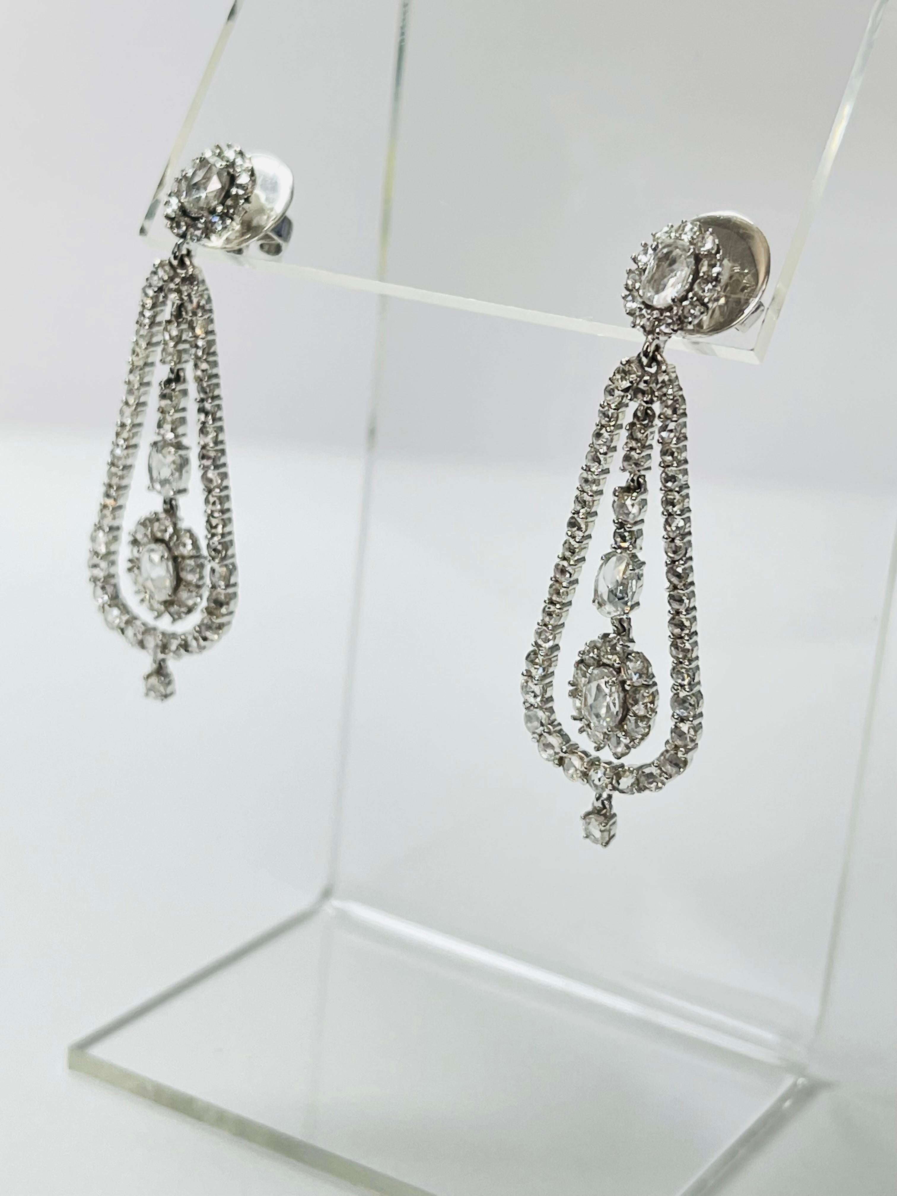 Rose Cut Diamond Chandelier Earrings In 18K White Gold.  For Sale 5