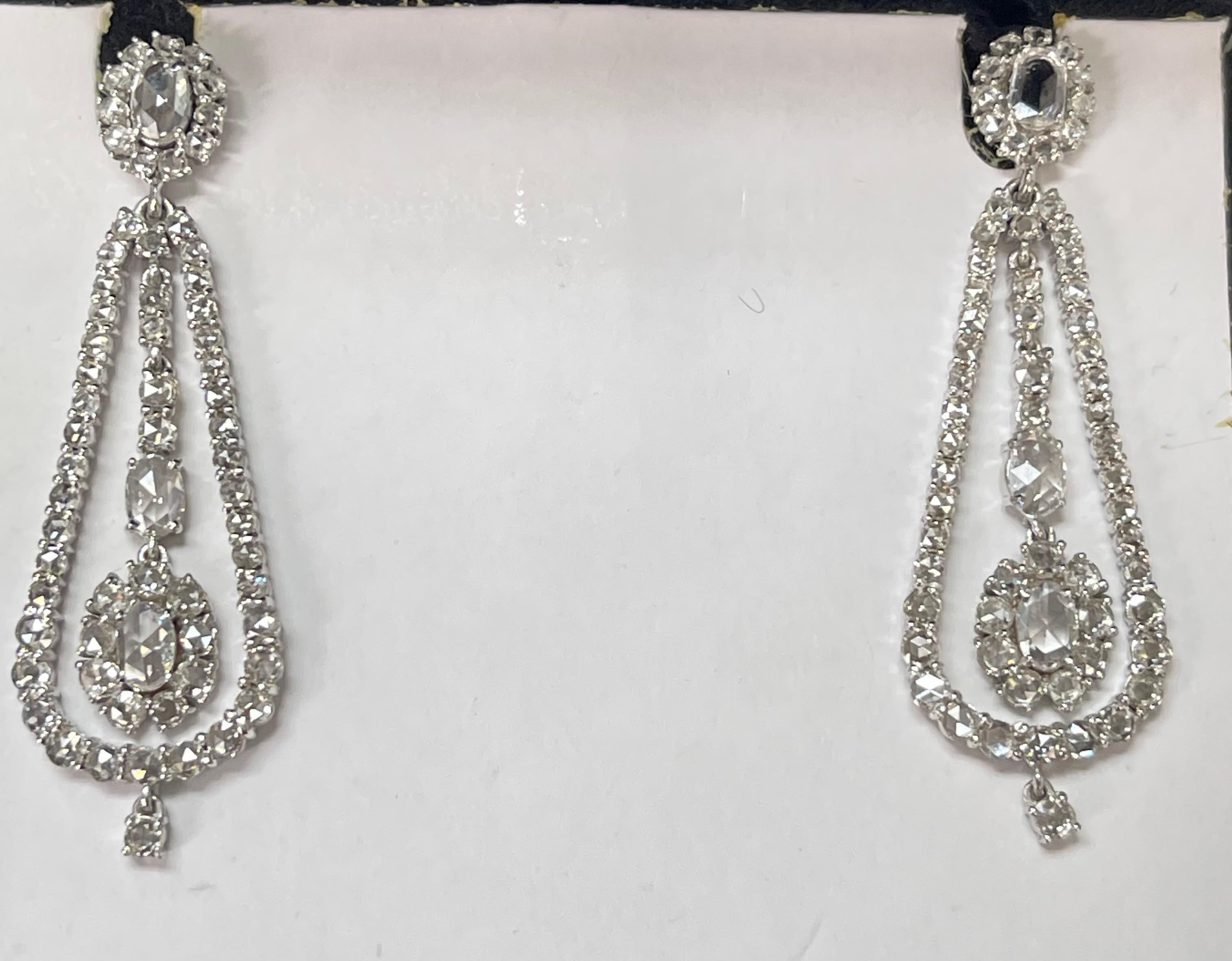 Rose Cut Diamond Chandelier Earrings In 18K White Gold.  For Sale 4