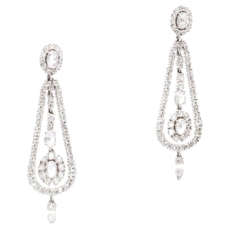 Rose Cut Diamond Chandelier Earrings In 18K White Gold.  For Sale