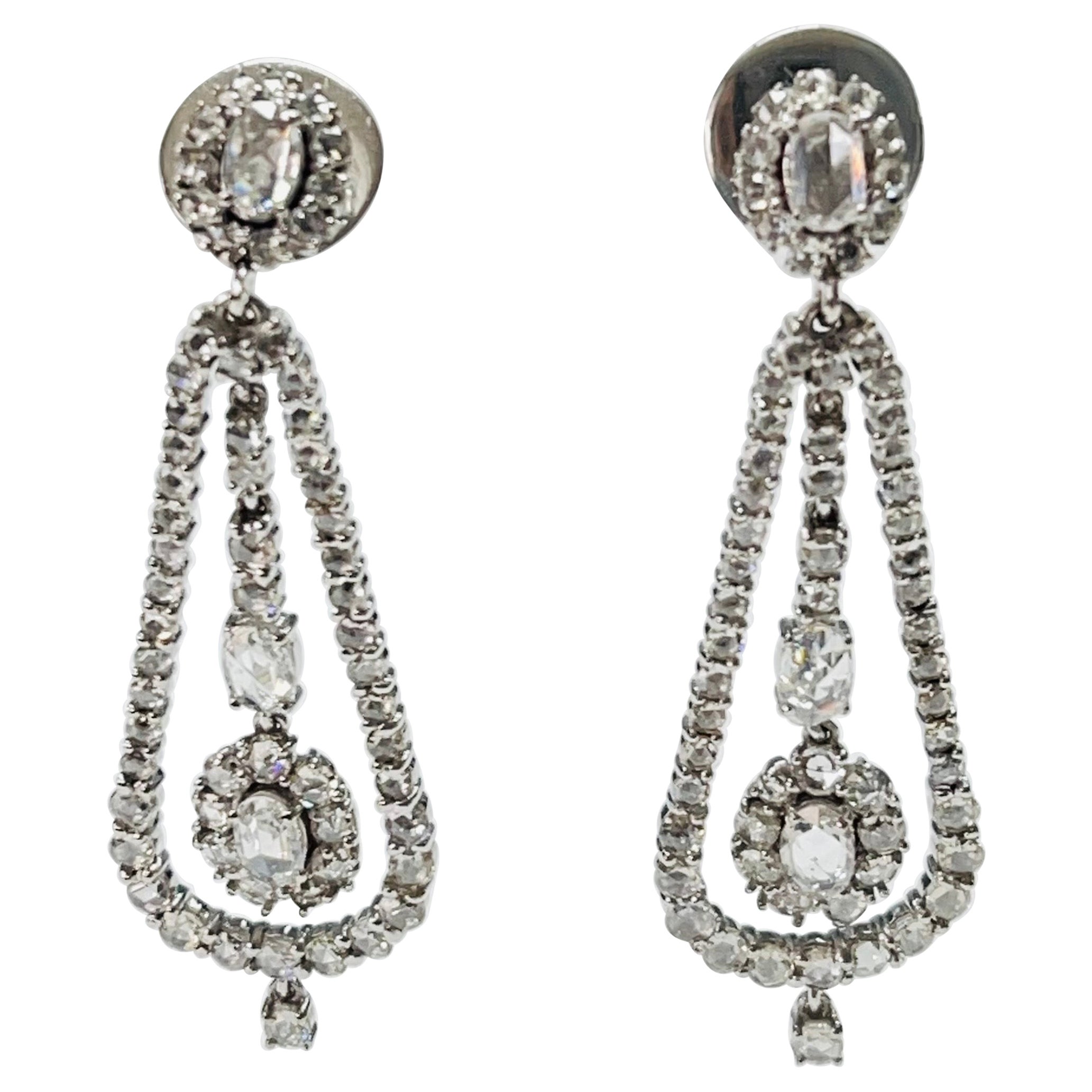 Rose Cut Diamond Chandelier Earrings In 18K White Gold. 