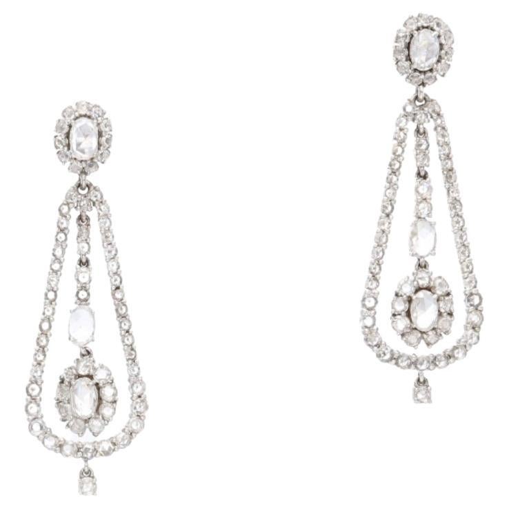 Rose Cut Diamond Chandelier Earrings In 18K White Gold.