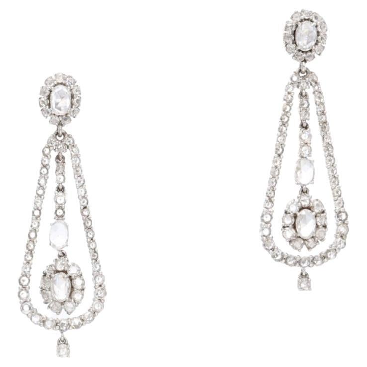 Rose Cut Diamond Chandelier Earrings In 18K White Gold. 