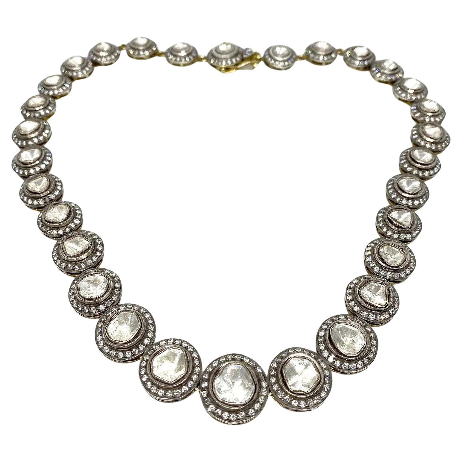 Rose Cut Diamond Choker Necklace in 14k Yellow Gold and Silver 16 inches Long For Sale