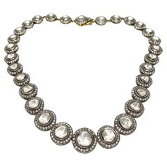 Rose Cut Diamond Choker Necklace in 14k Yellow Gold and Silver 16 inches Long