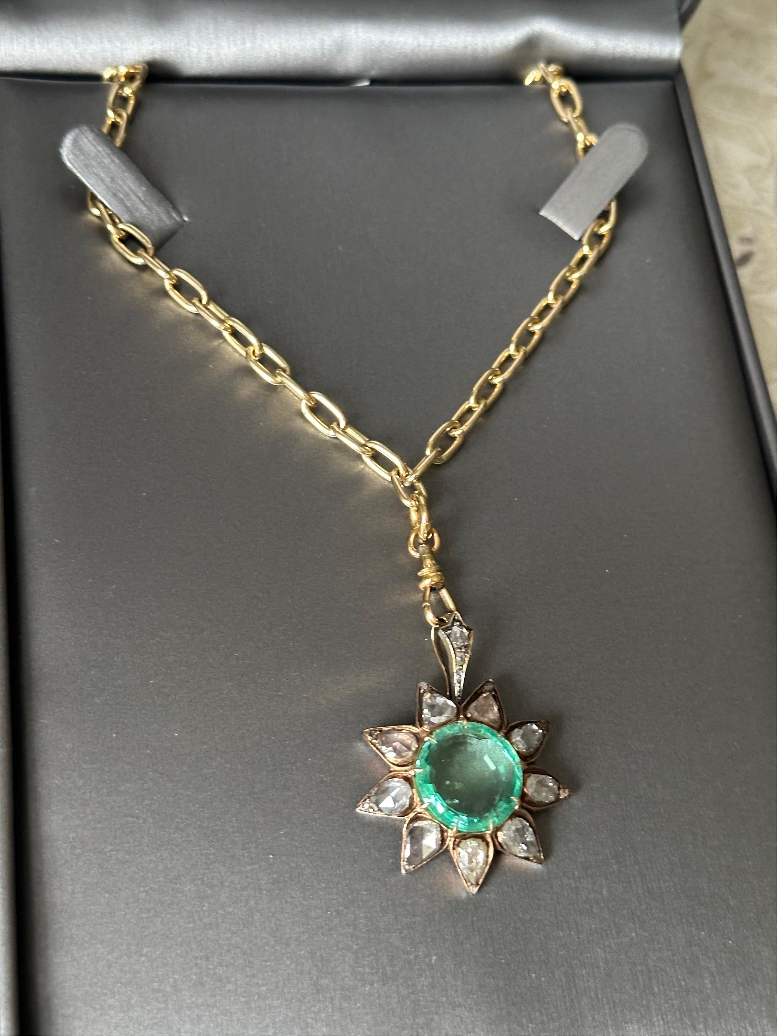 Rose Cut Diamond Colombian Emerald Circa late 1700’s Gold Silver Pendant Brooch  For Sale 1