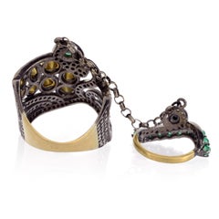 Rose Cut Diamond Connector Ring With Emerald Made In 18k Gold & Silver