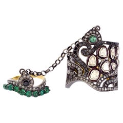 Rose Cut Diamond Connector Ring With Emerald Made In 18k Gold & Silver