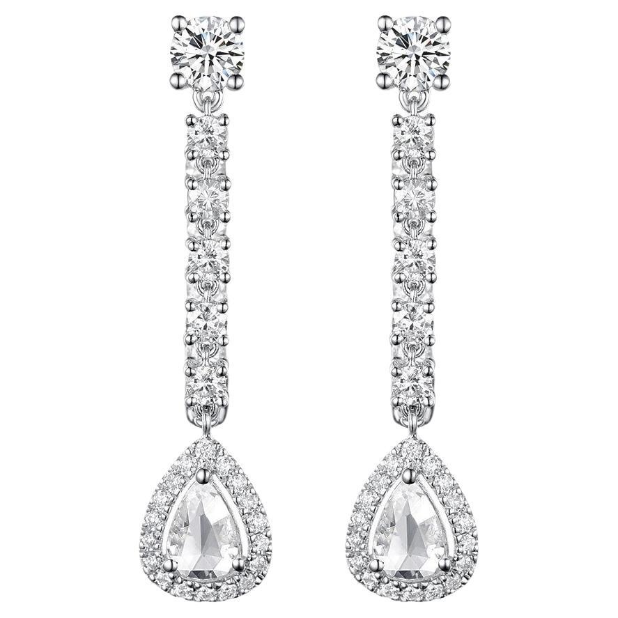 Boucles d'oreilles pendantes en or blanc 18 carats avec diamant taillé en rose