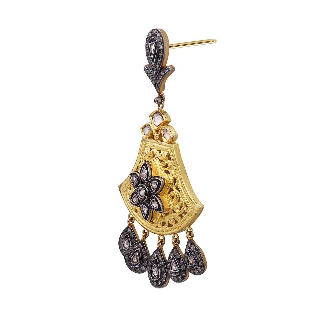 Victorian Rose Cut Diamond Dangle Earrings With Filigree Work Made In 14k Gold & Silver For Sale