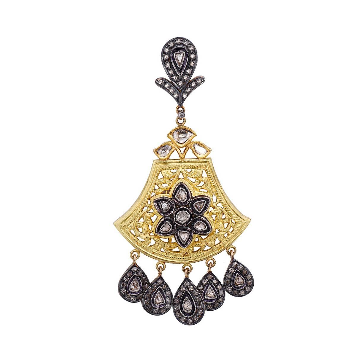 Rose Cut Diamond Dangle Earrings With Filigree Work Made In 14k Gold & Silver In New Condition For Sale In New York, NY
