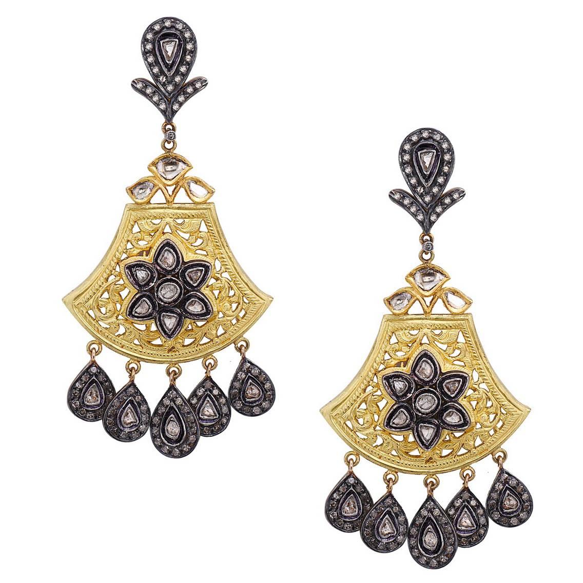 Rose Cut Diamond Dangle Earrings With Filigree Work Made In 14k Gold & Silver For Sale
