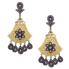 Rose Cut Diamond Dangle Earrings With Filigree Work Made In 14k Gold & Silver
