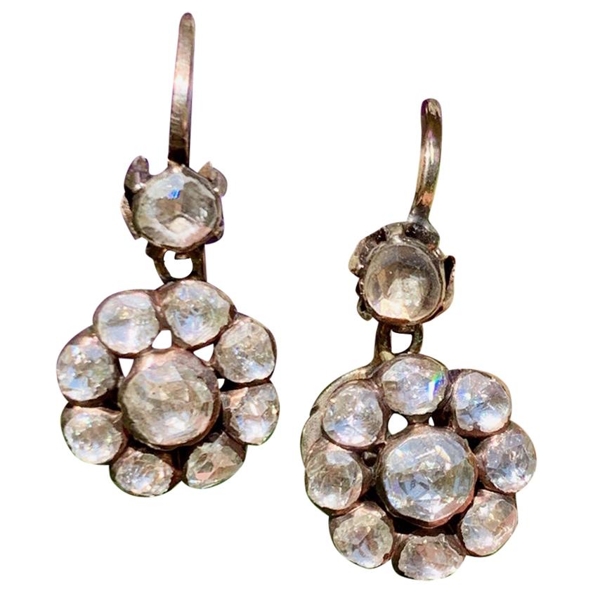 Rose Cut Diamond Lever Back Dangle 9K Gold Earrings