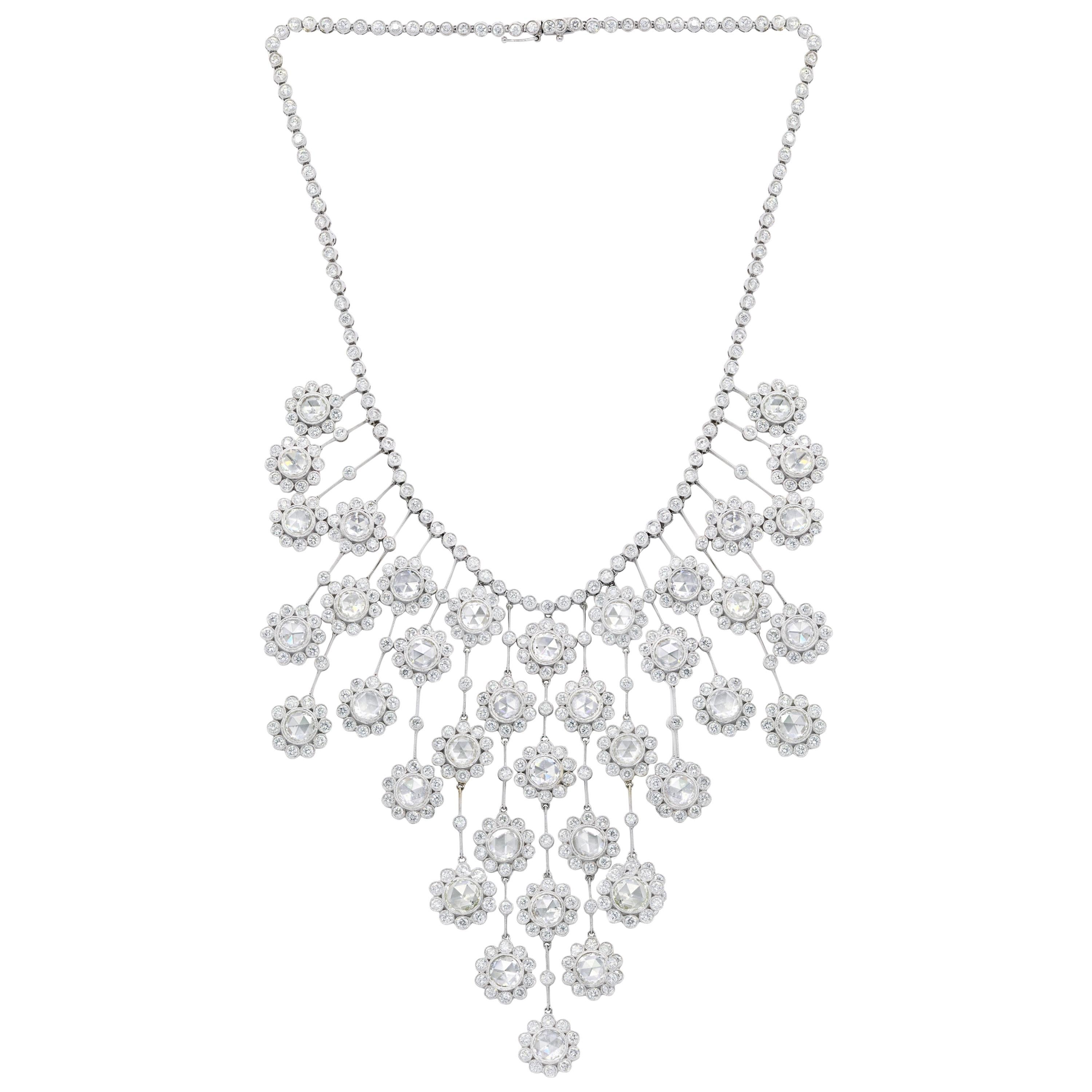Rose Cut Diamond Drop Necklace in 18 Karat White Gold For Sale