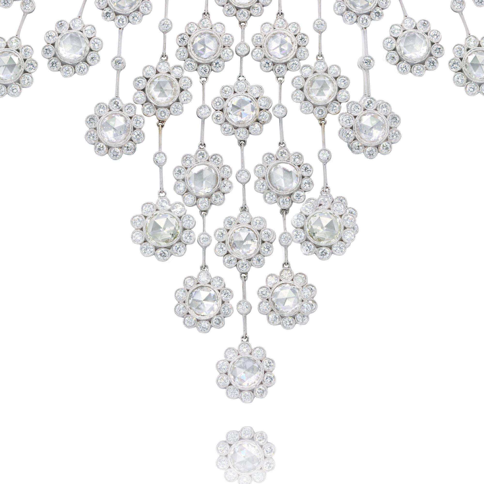 Women's or Men's Rose Cut Diamond Drop Necklace in 18 Karat White Gold For Sale