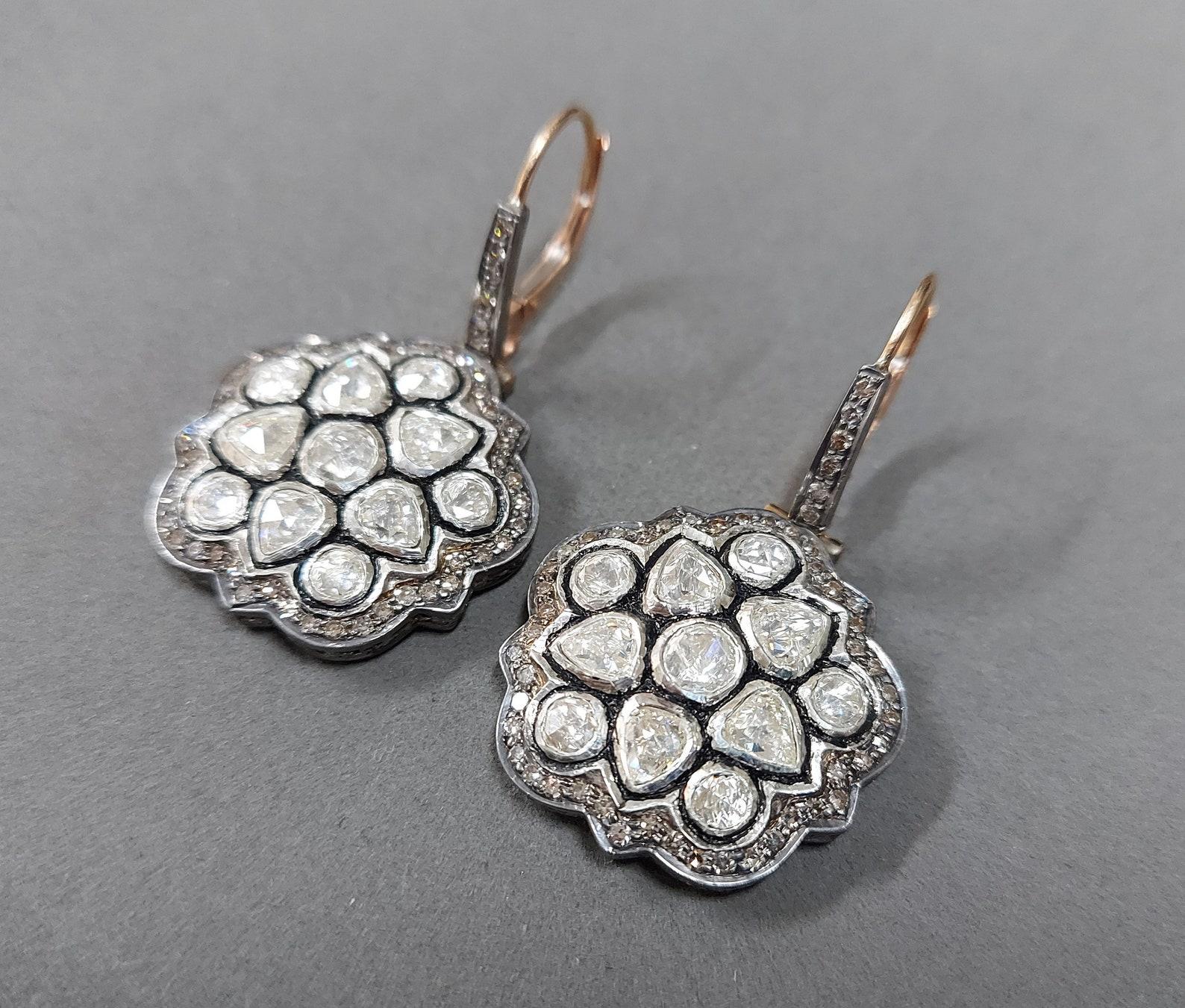 Art déco Boucles d'oreilles en argent sterling 925 et diamants taille rose, 1 paire. en vente