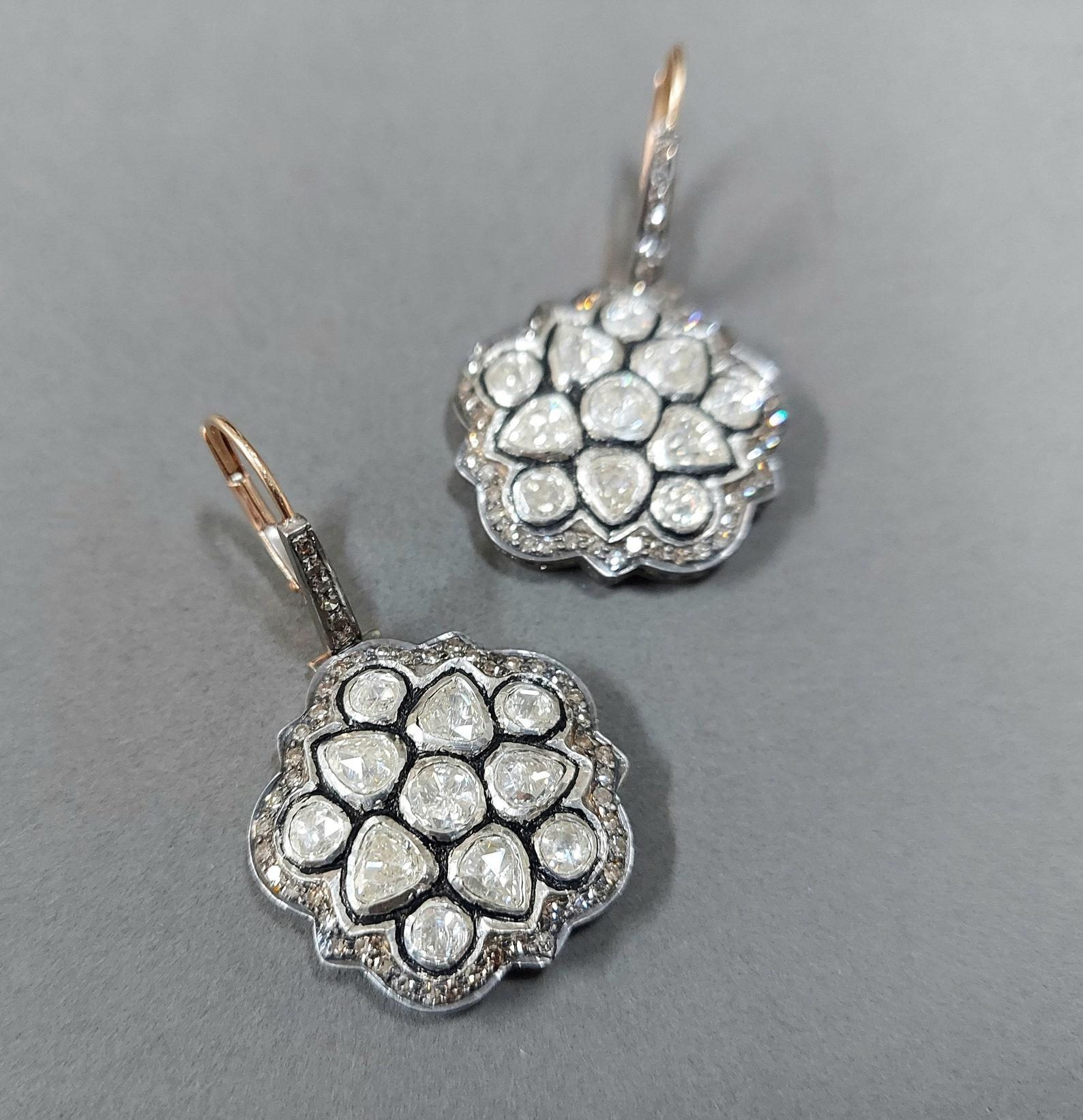 Boucles d'oreilles en argent sterling 925 et diamants taille rose, 1 paire. Pour femmes en vente
