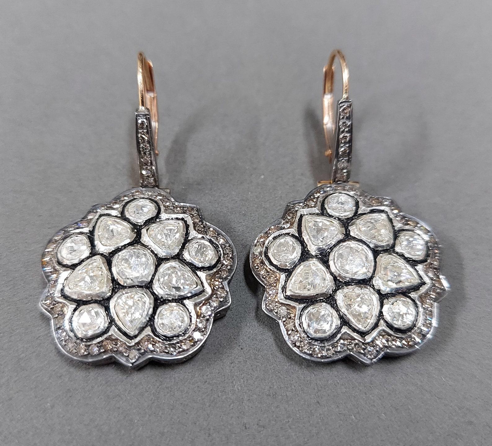 Boucles d'oreilles en argent sterling 925 et diamants taille rose, 1 paire. en vente 2