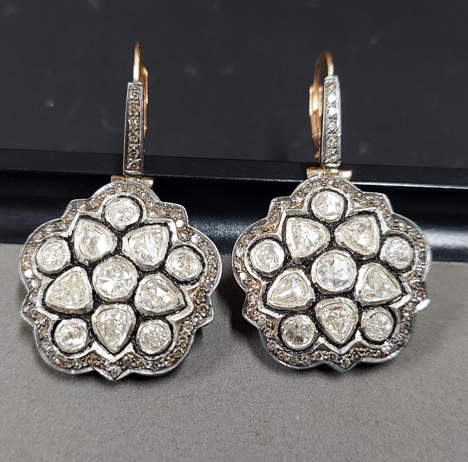 Boucles d'oreilles en argent sterling 925 et diamants taille rose, 1 paire. en vente 3