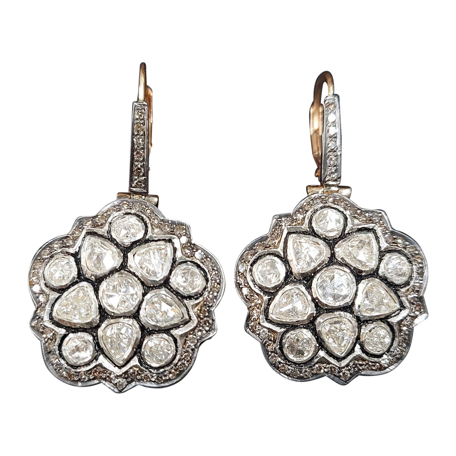 Boucles d
oreilles en argent sterling 925 et diamants taille rose, 1 paire. en vente