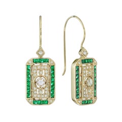 Rose Cut Diamond Emerald Filigree Pendant and Earrings Jewelry Set in 18K Gold