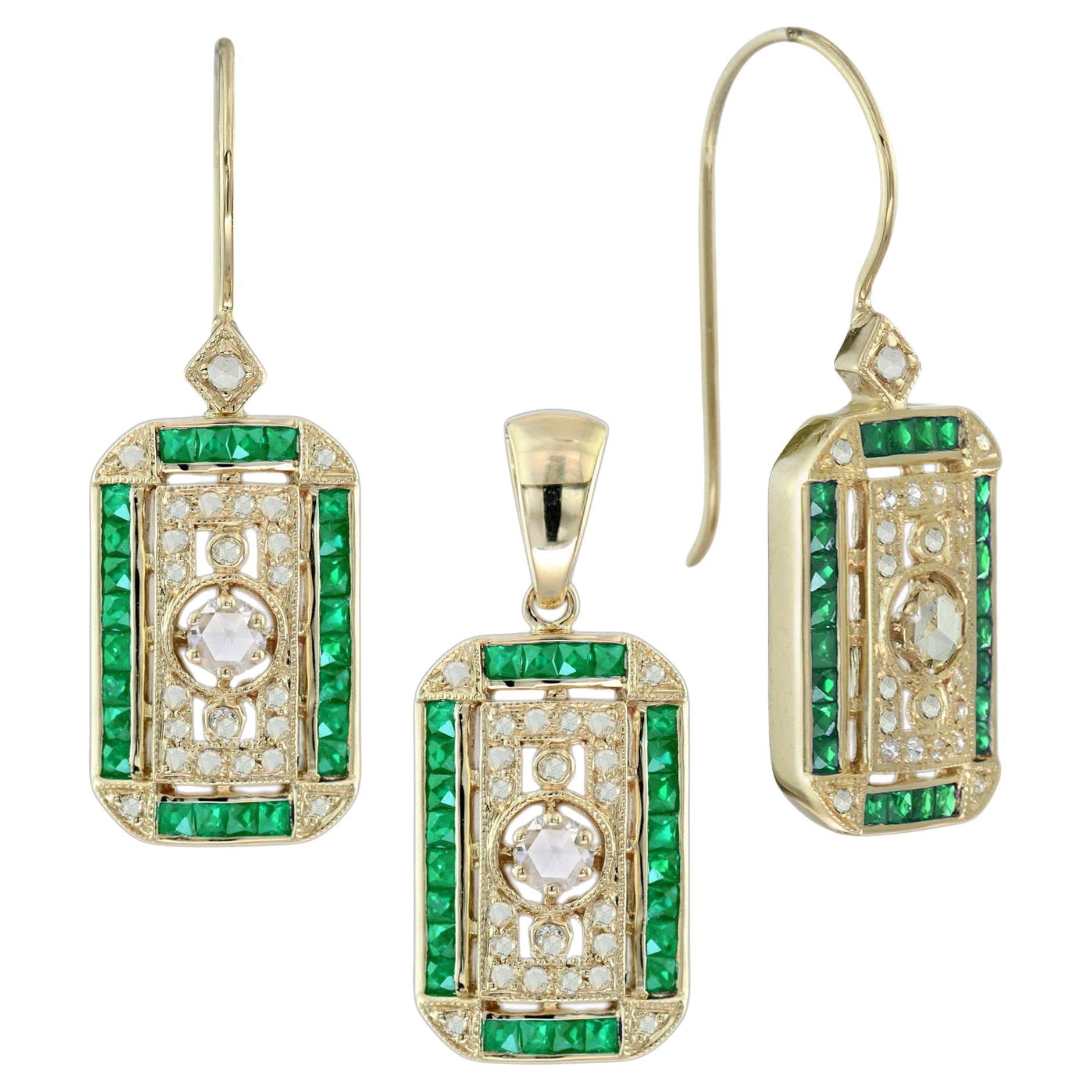 Pendentif et boucles d'oreilles en or 18 carats avec émeraude filigranée et diamant taillé en rose