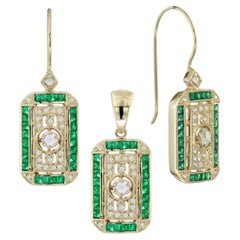 Pendentif et boucles d'oreilles en or 18 carats avec émeraude filigranée et diamant taillé en rose