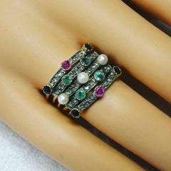 Rose Cut Diamond Emerald Sapphire Ruby Pearl Harem Ring 5 Stack Rings Victorian