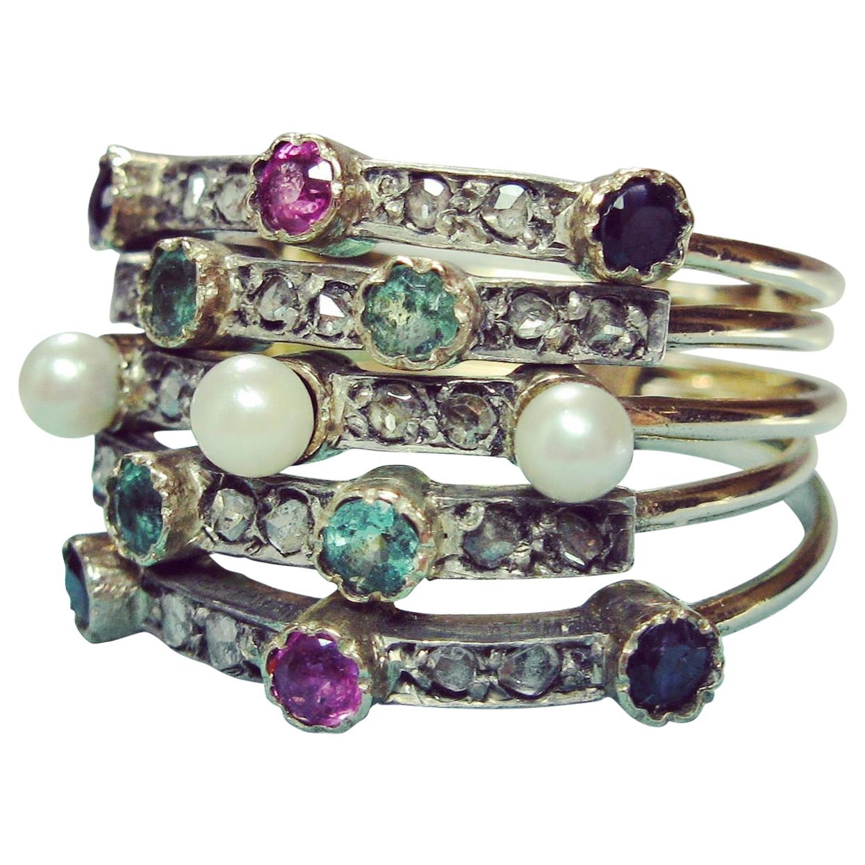 Rose Cut Diamond Emerald Sapphire Ruby Pearl Harem Ring 5 Stack Rings Victorian For Sale