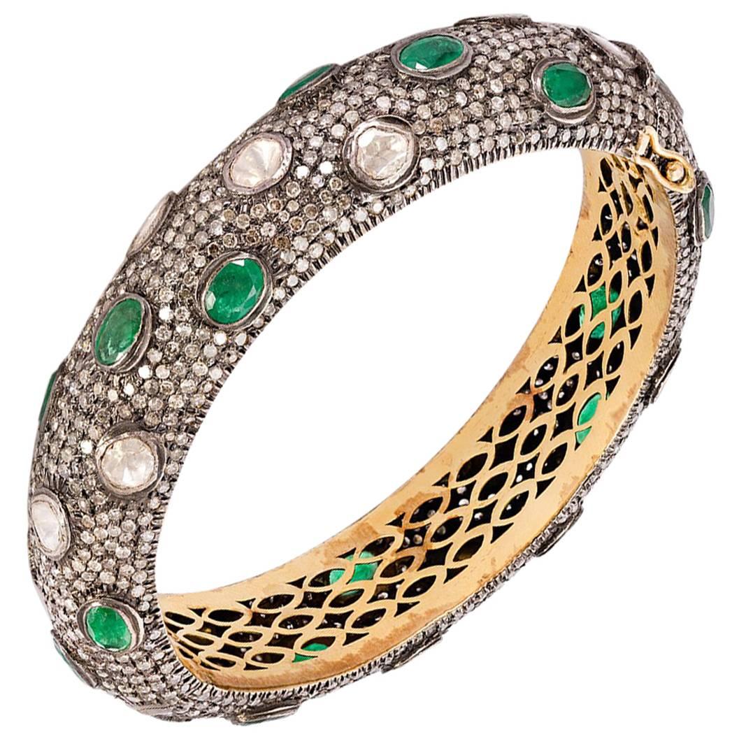 Rose Cut Diamond Emerald Silver and Gold Bracelet For Sale