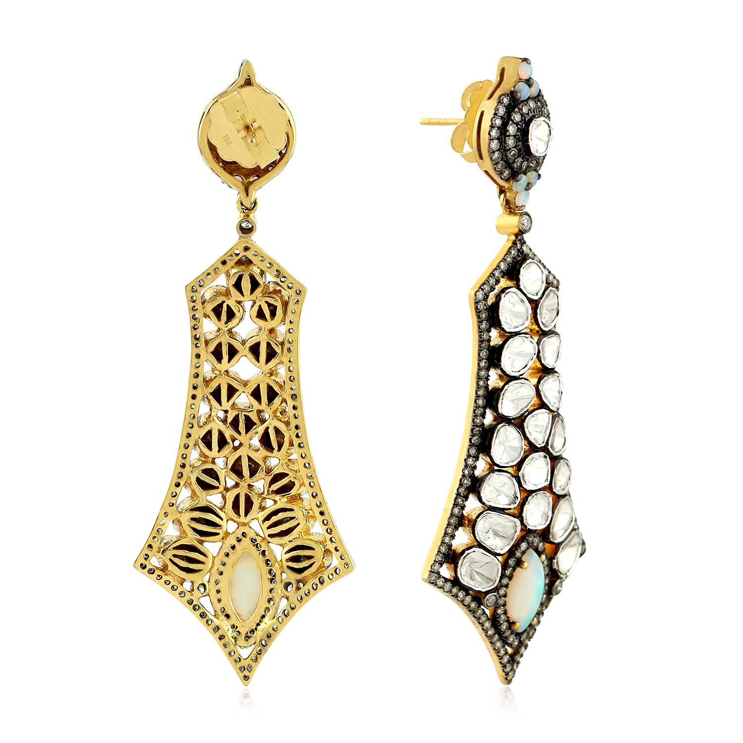 Artisan Rose Cut Diamond & Ethiopian Opal Earrings Made In 18k Yellow Gold & Silver For Sale