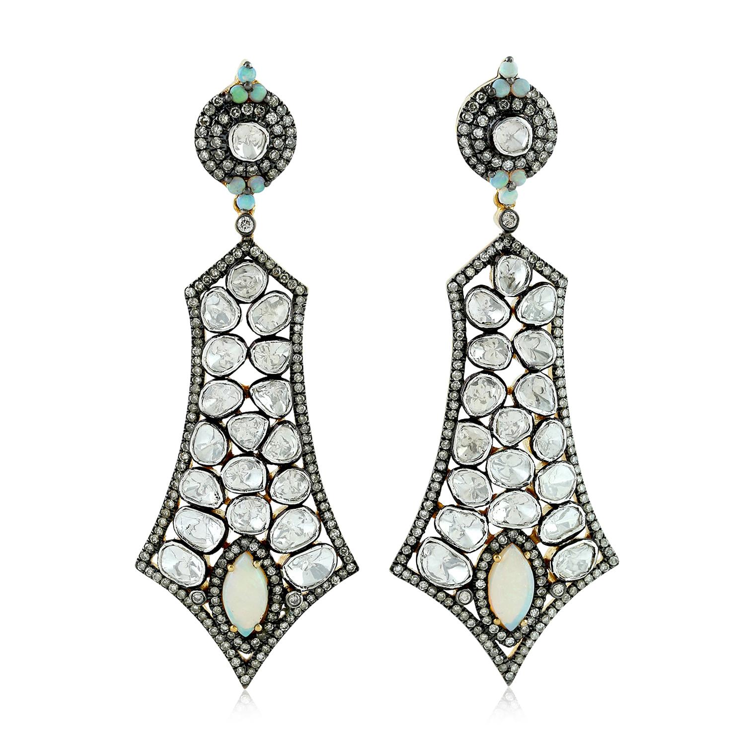 Rose Cut Diamond & Ethiopian Opal Earrings Made In 18k Yellow Gold & Silver In New Condition For Sale In New York, NY